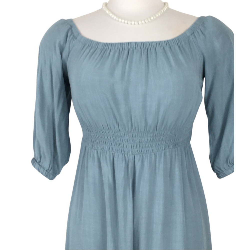 Forever 21 Chambray Blue Off Shoulder 3/4 Sleeve Smocked Waist Maxi Dress Small - Picture 4 of 13